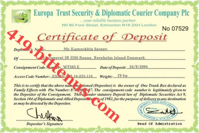 Certificate Of Deposit Slip Mr Kamochkin Sergey